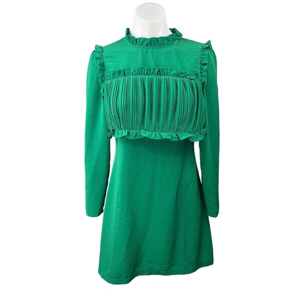 Maje Green Jacqueline Long Sleeve Ruffle Mock Neck Pleated A Line Mini Dress 2 - Picture 1 of 7